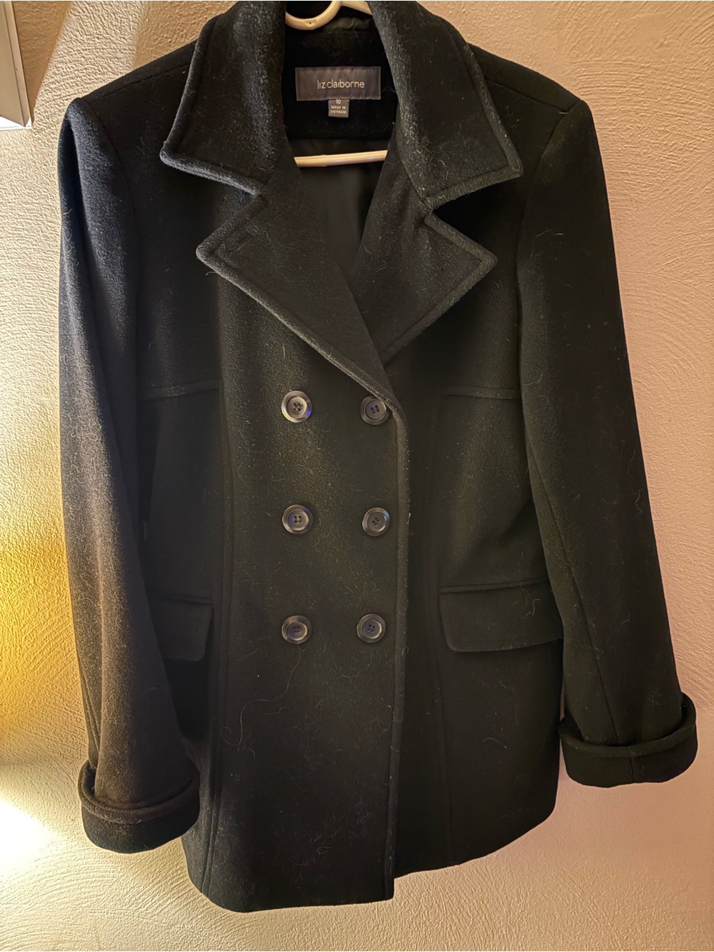 Liz Claiborne Black Double-Breasted Wool Peacoat